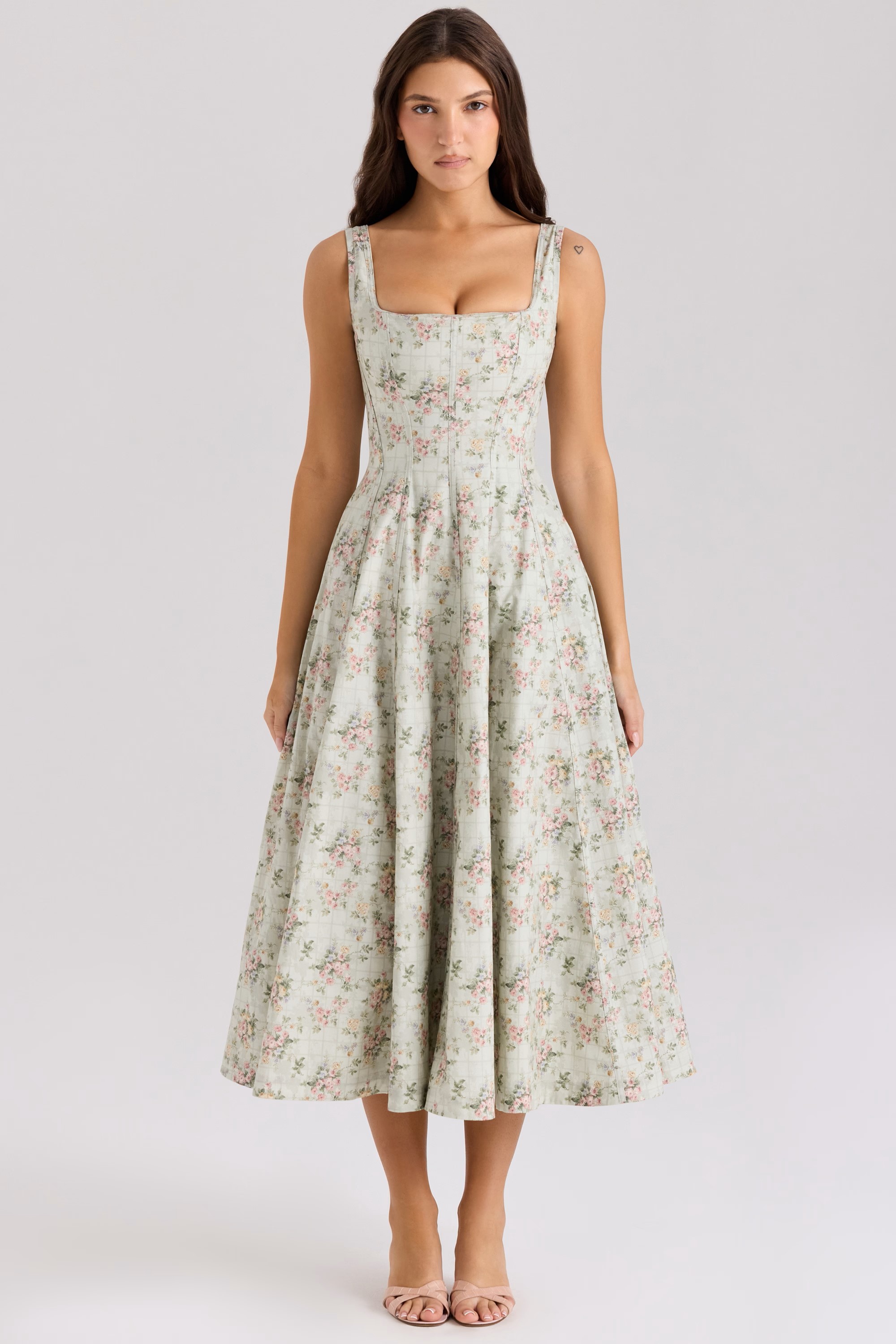 Mist Green Rose Square-Neck Floral Midi Dress