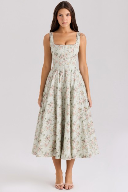 Mist Green Rose Square-Neck Floral Midi Dress
