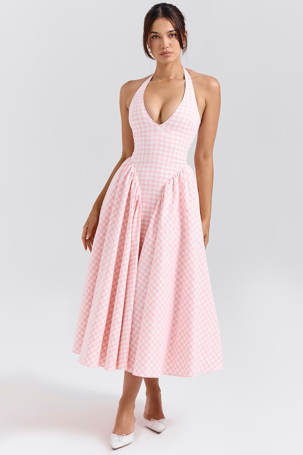 Blush Check Halter Gown with Tulle Overlay