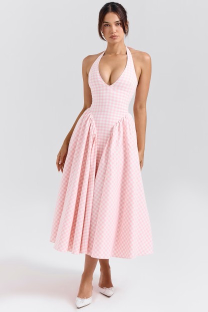 Blush Check Halter Gown with Tulle Overlay