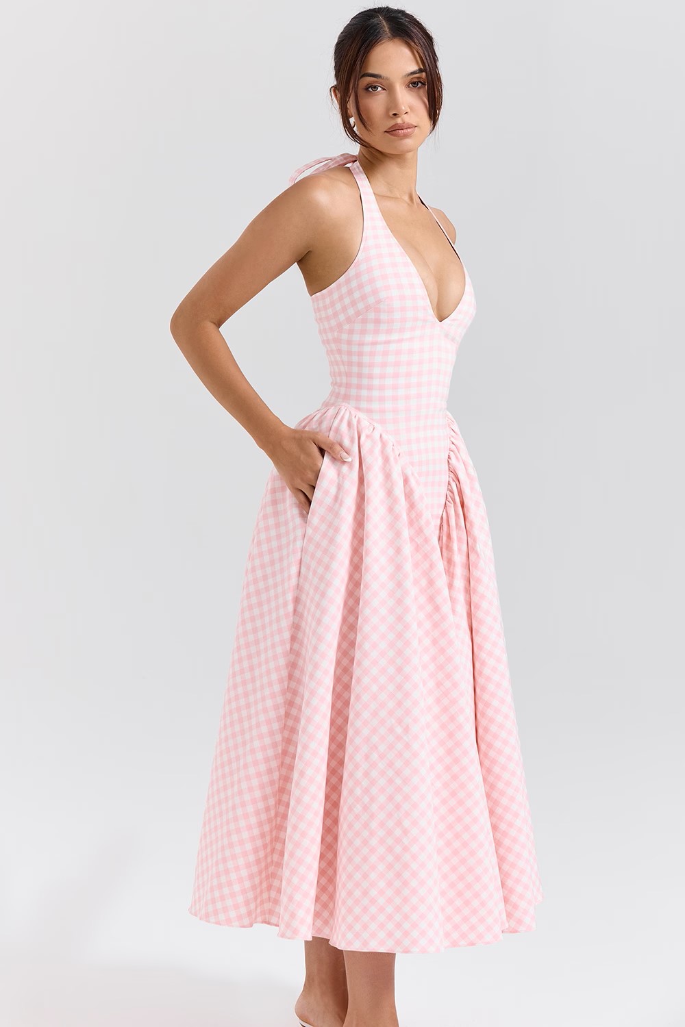 Blush Check Halter Gown with Tulle Overlay
