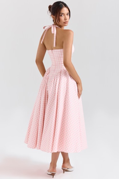 Blush Check Halter Gown with Tulle Overlay