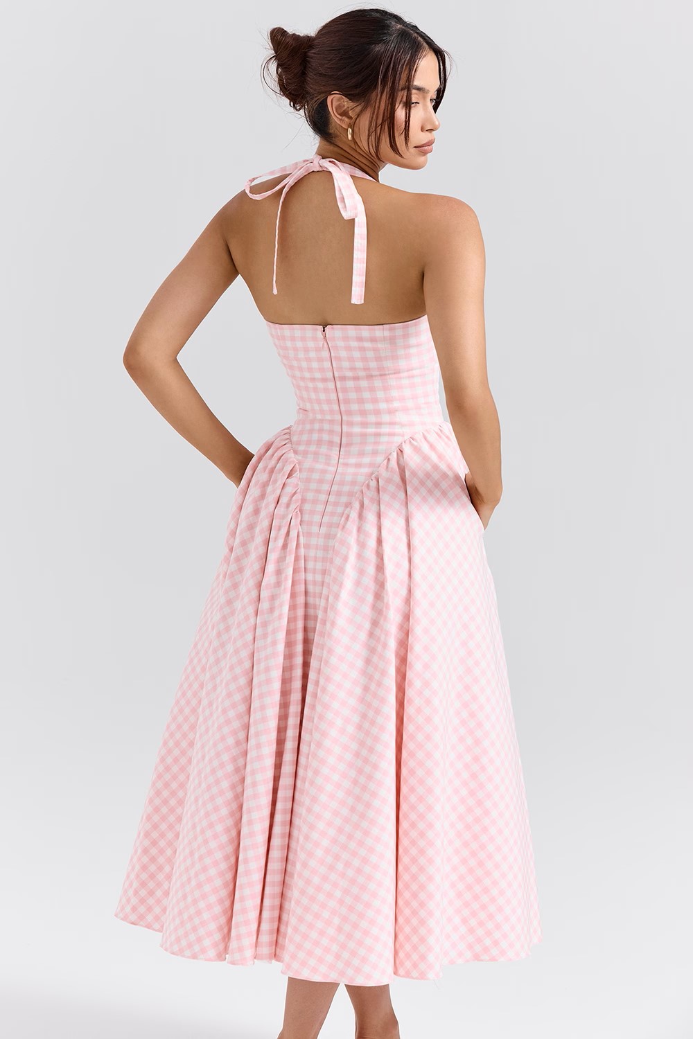 Blush Check Halter Gown with Tulle Overlay
