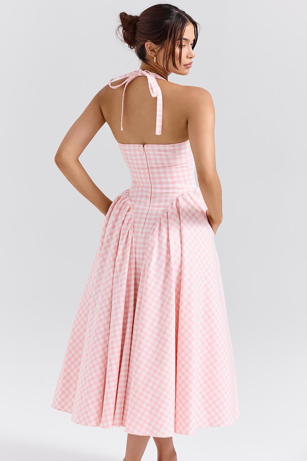 Blush Check Halter Gown with Tulle Overlay