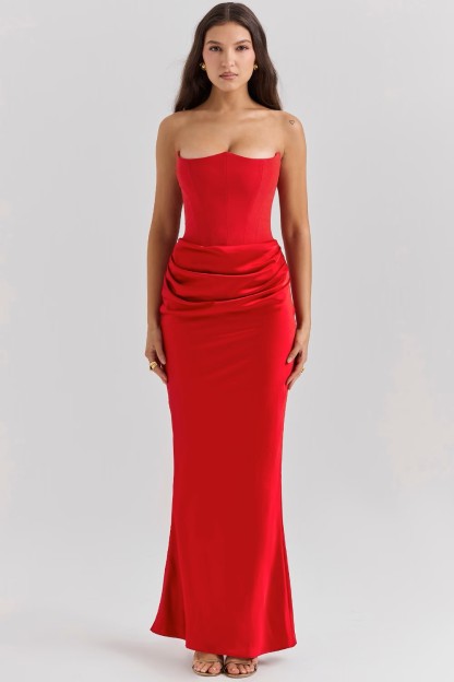Strapless Cinched-Waist Ruched Satin Maxi Dress