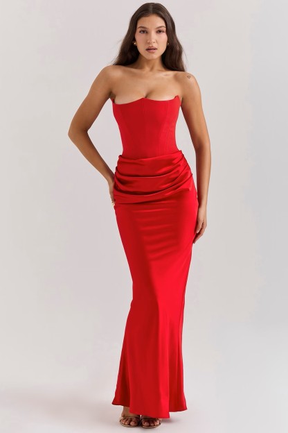 Strapless Cinched-Waist Ruched Satin Maxi Dress