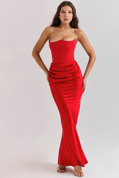 Strapless Cinched-Waist Ruched Satin Maxi Dress