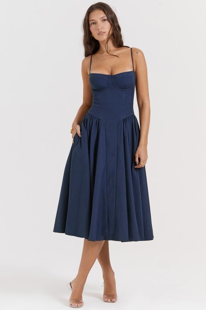  Navy Waist-Cinched Cami Flared Midi Dress