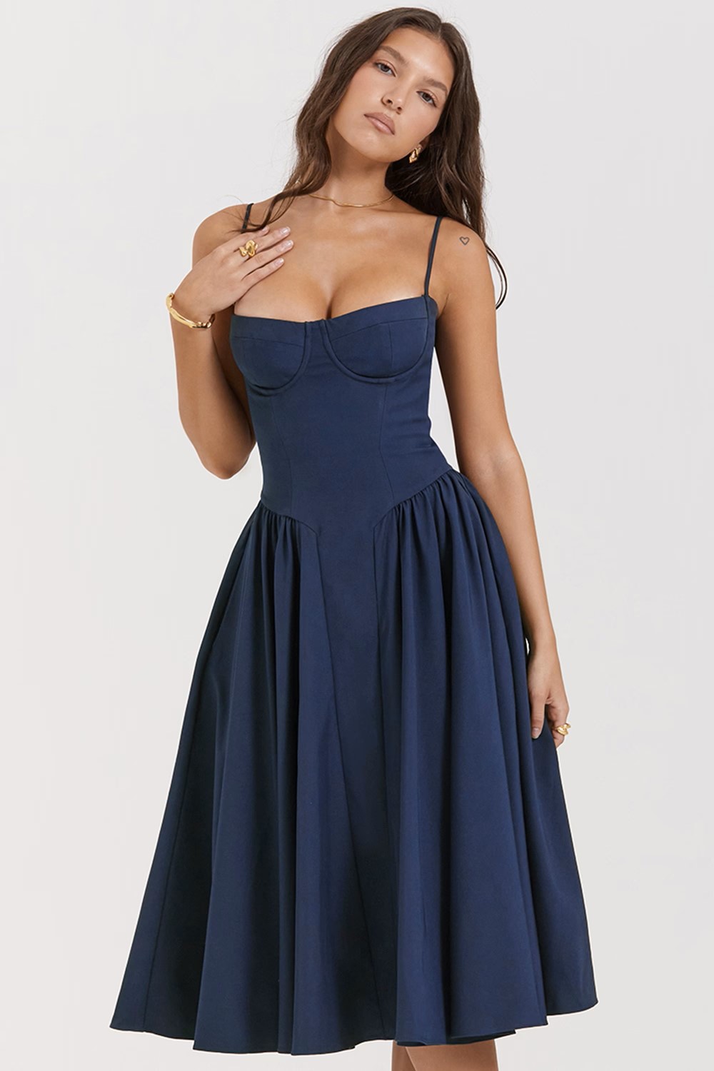  Navy Waist-Cinched Cami Flared Midi Dress