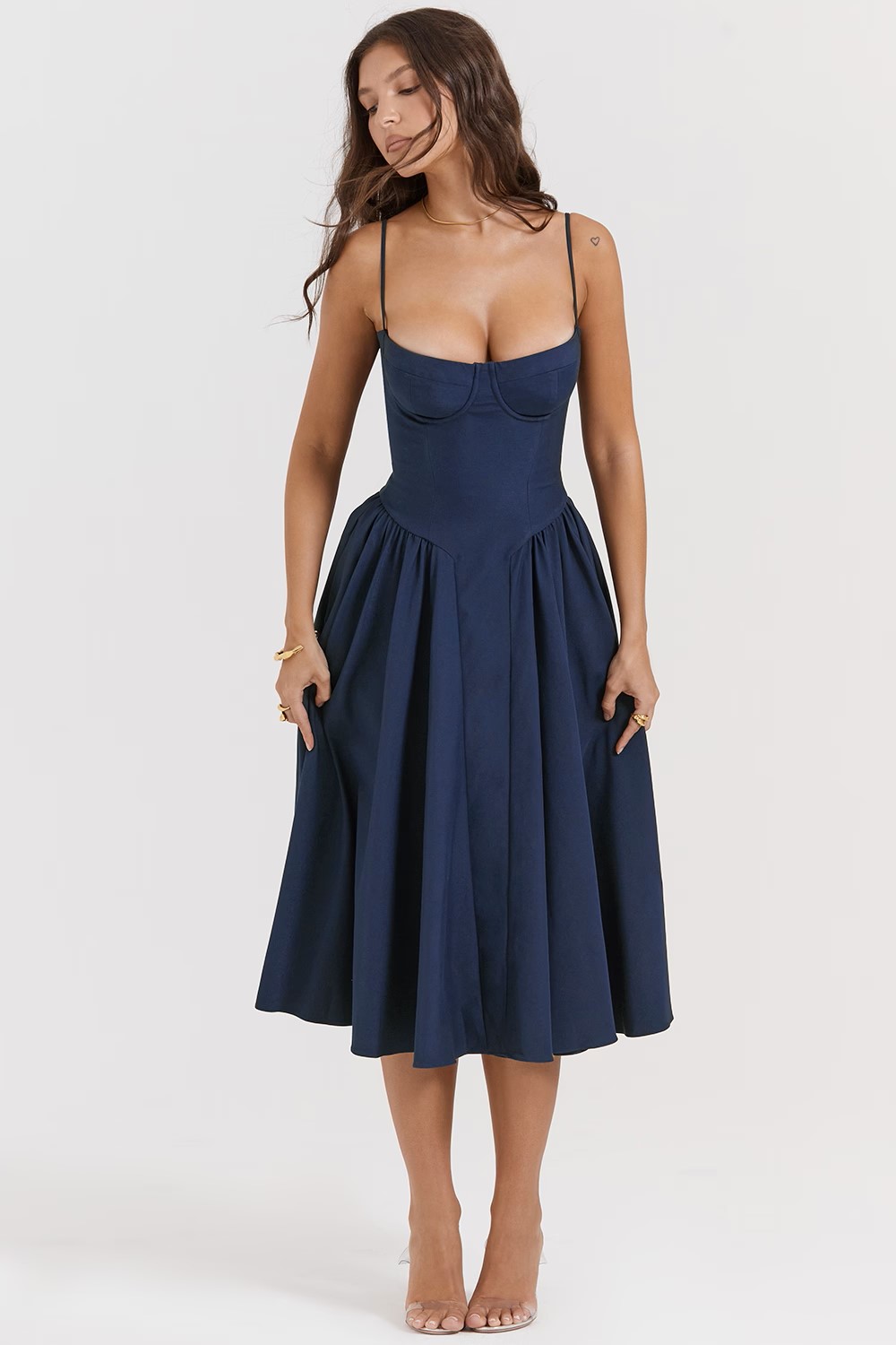  Navy Waist-Cinched Cami Flared Midi Dress