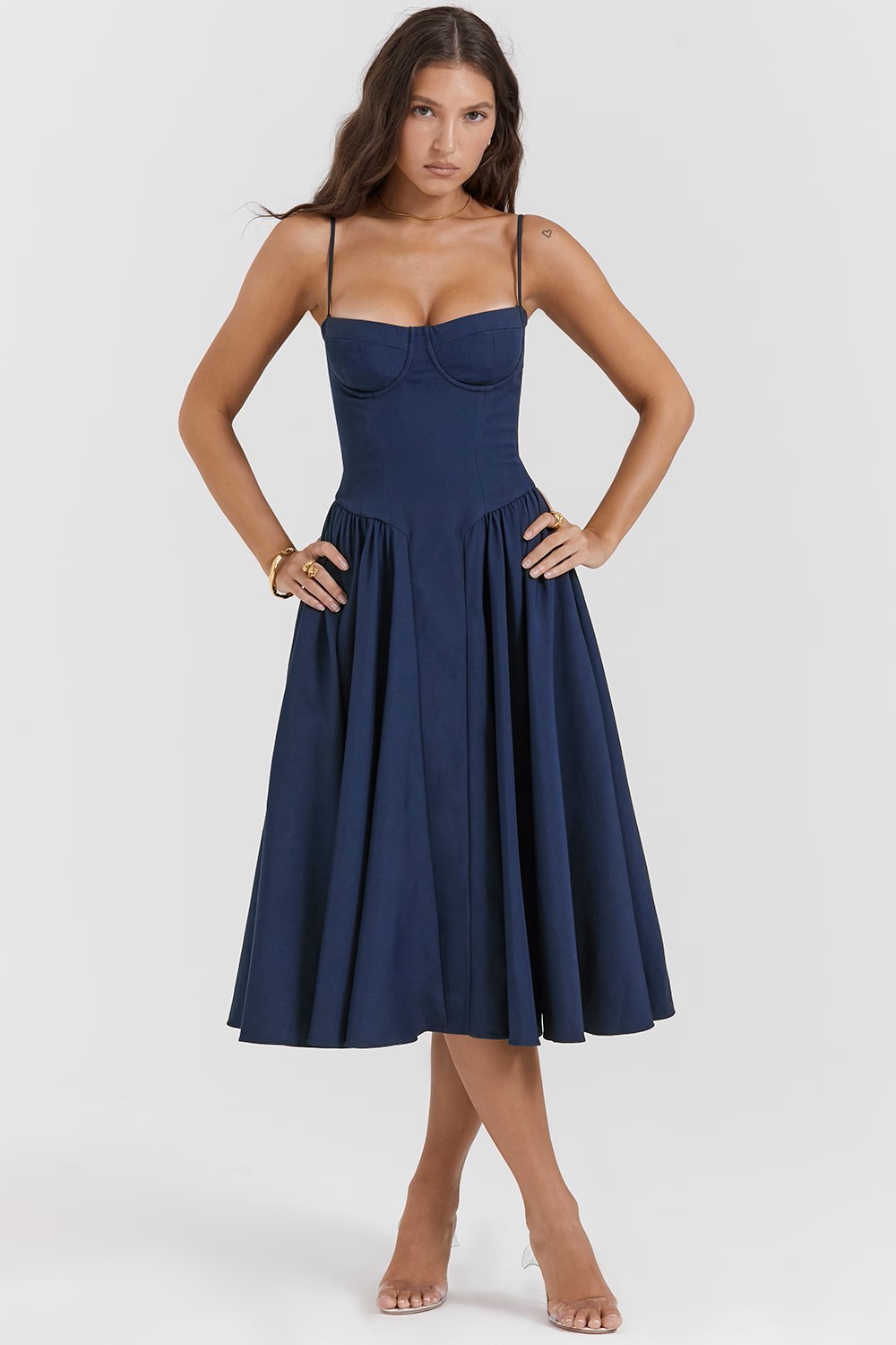  Navy Waist-Cinched Cami Flared Midi Dress