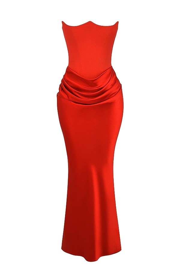 Strapless Cinched-Waist Ruched Satin Maxi Dress