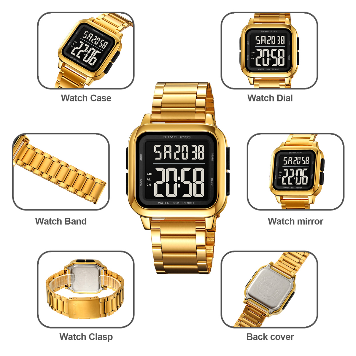 Skmei 2133 Men Digital Watch Gold Stainless Steel Strap