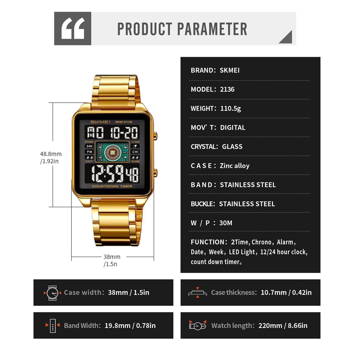 Skmei 2136 High Quality Gents Digital Watch Perfect Steel Strap