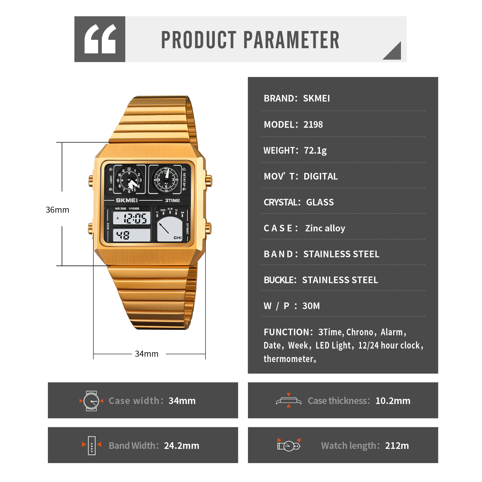 SKMEI 2198 METAL DUAL TIME WATCH