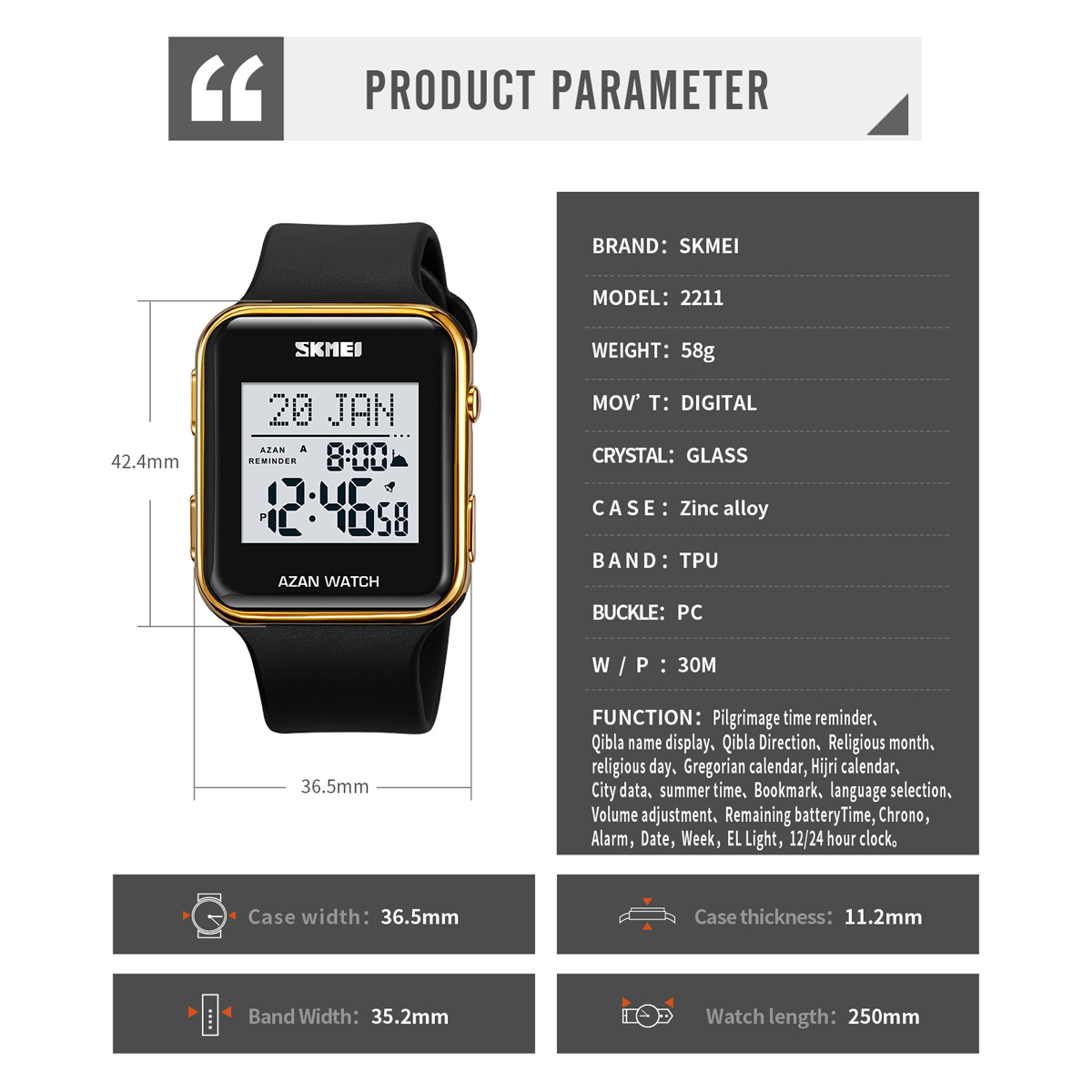 SKMEI 2211 square Sports Digital Oem logo Digital Muslim Prayer Watch