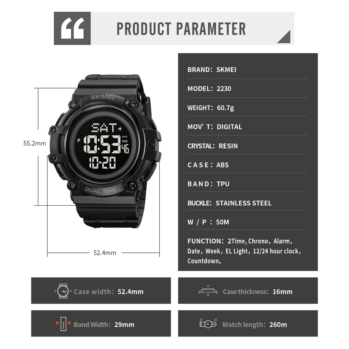 SKMEI 2230 BIG SCREEN DIGITAL WATCH