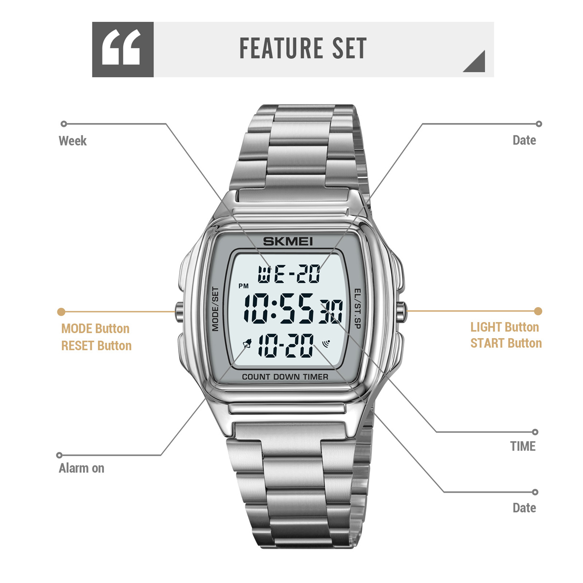 Men Digital Watch Skmei 2239 Stainless Steel Strap