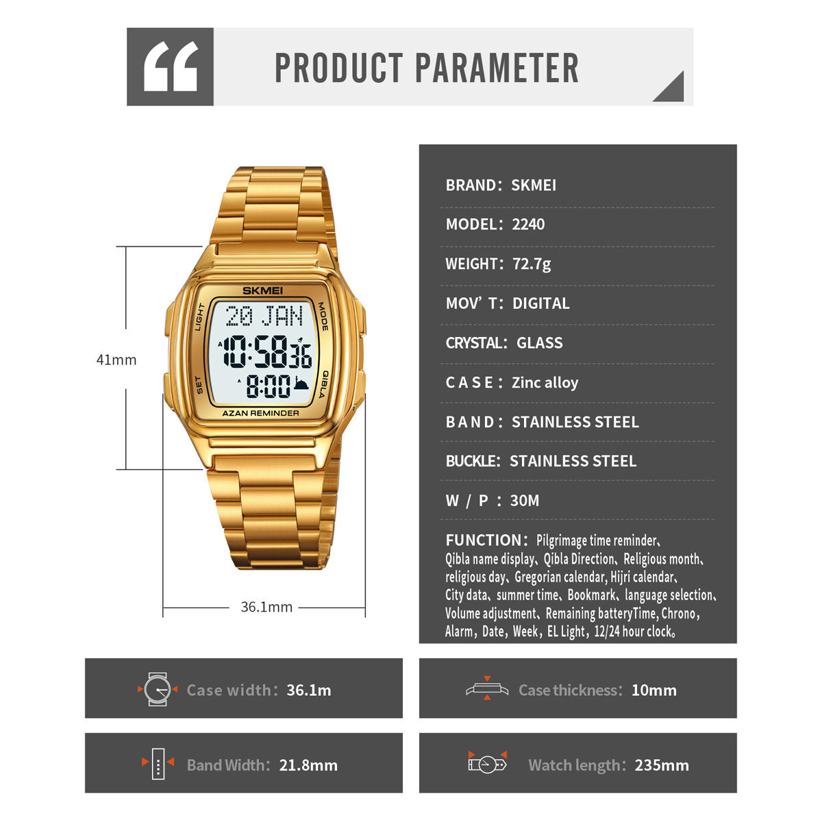 SKMEI 2240 Bookmark Qibla Direction Compass Watch