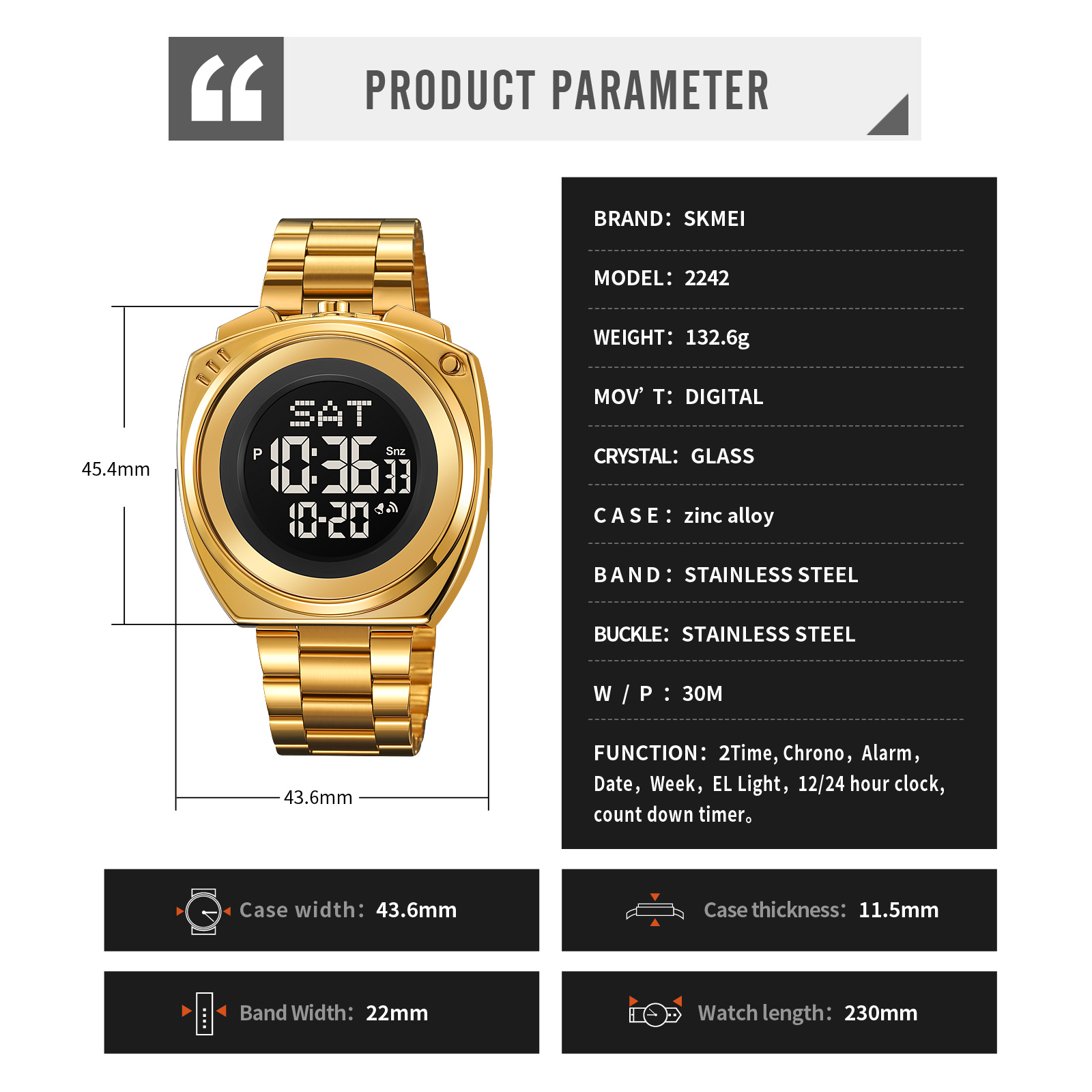 2242 skmei matel case digital watch