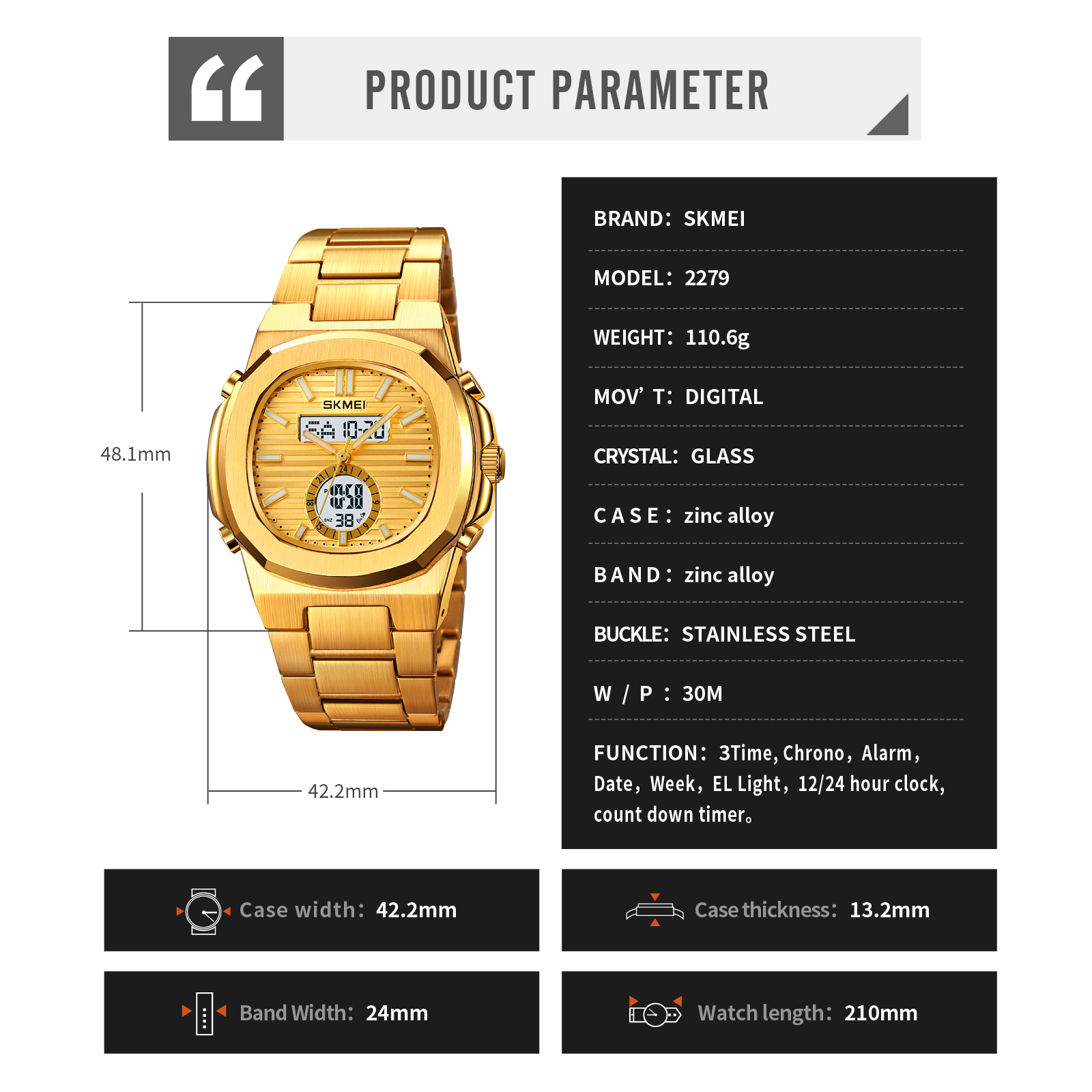 skmei 2279 metal digital fashion watch