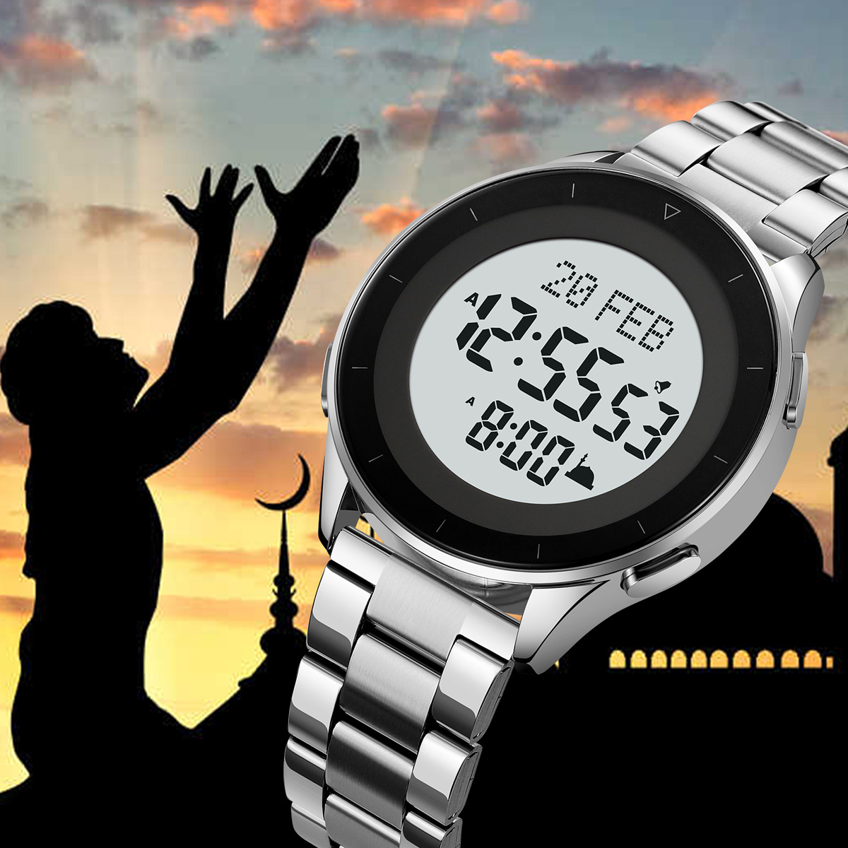 SKMEI 2300 Steel Azan Qibla Watch Muslim Prayer Reminder Time Watch