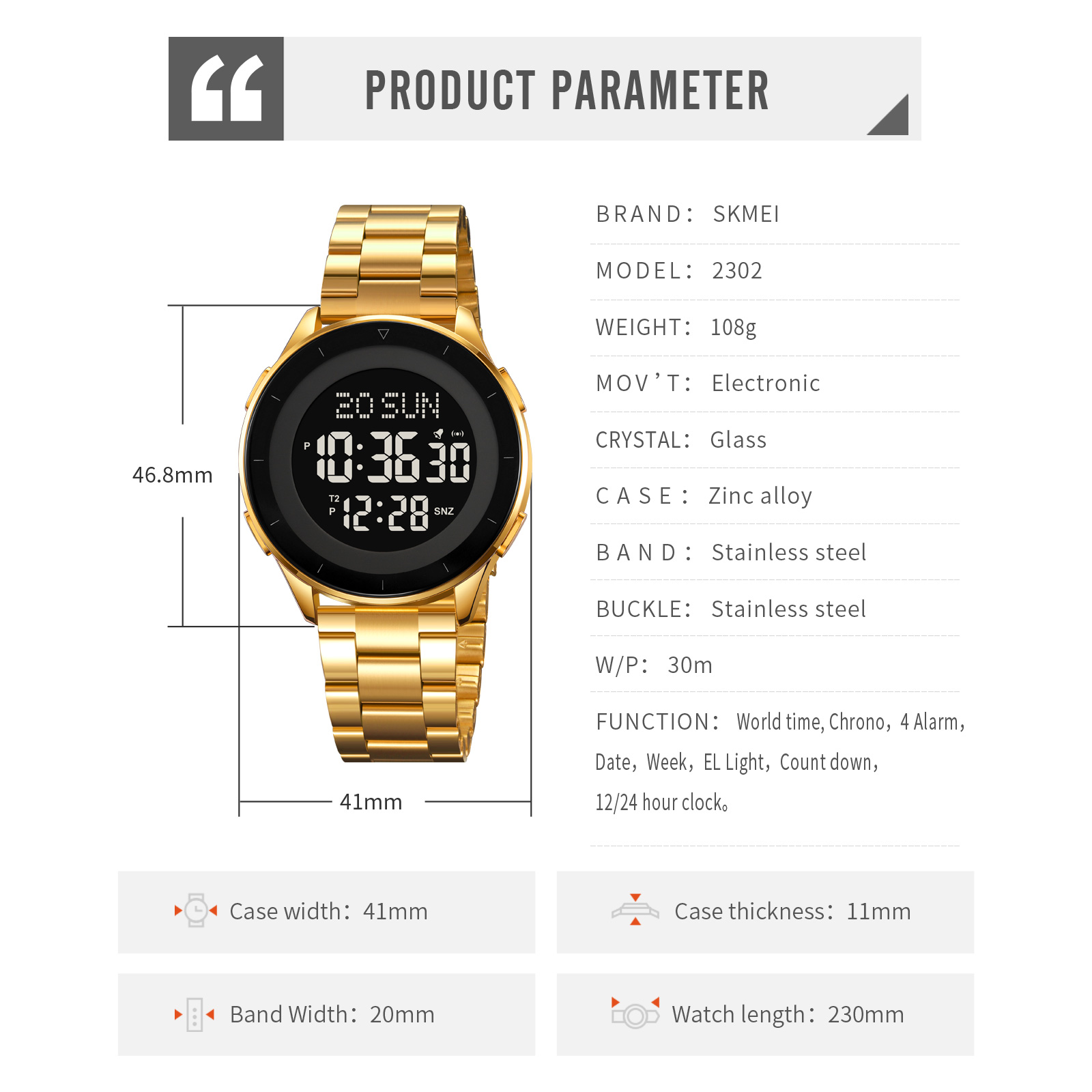 SKMEI 2032 Men Wrist Watches Waterproof Stainless Steel Digital Watch