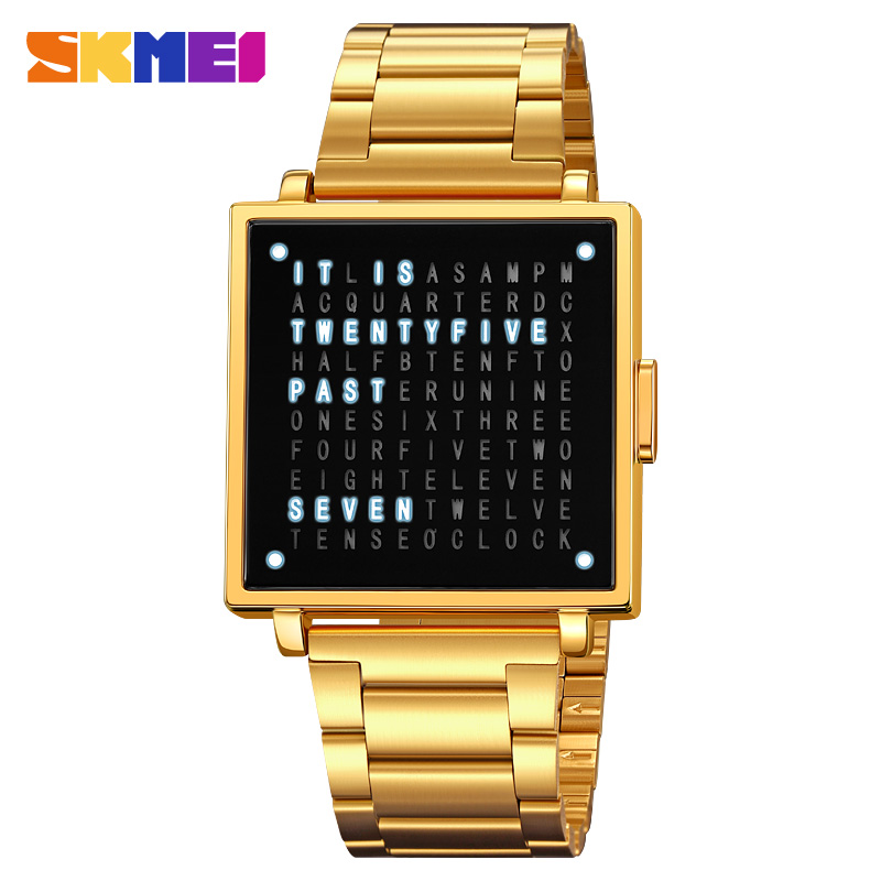 SKMEI 2312 Creative LED Letters Display square Steel Band Watch