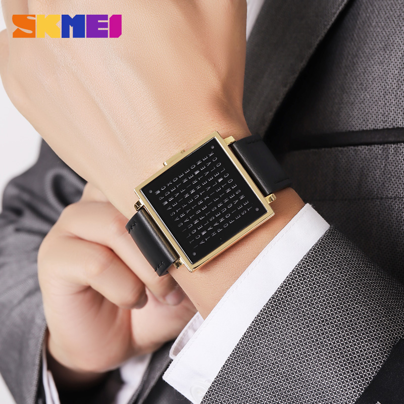 SKMEI 2312 Creative LED Letters Display square Steel Band Watch