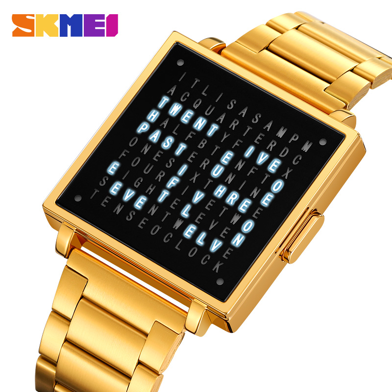 SKMEI 2312 Creative LED Letters Display square Steel Band Watch