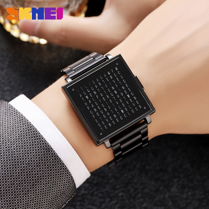 SKMEI 2312 Creative LED Letters Display square Steel Band Watch