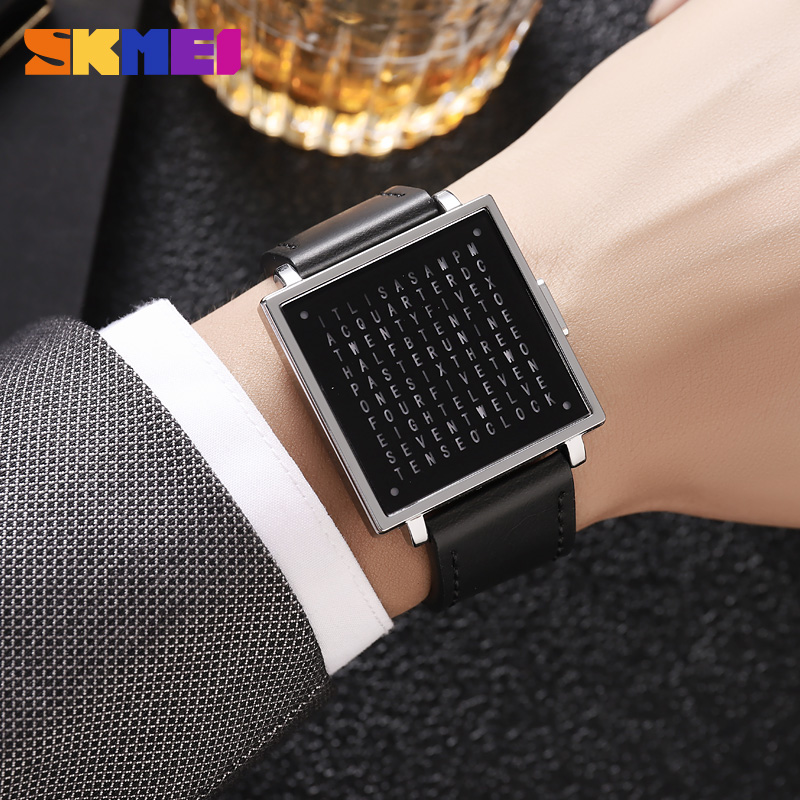 SKMEI 2312 Creative LED Letters Display square Steel Band Watch