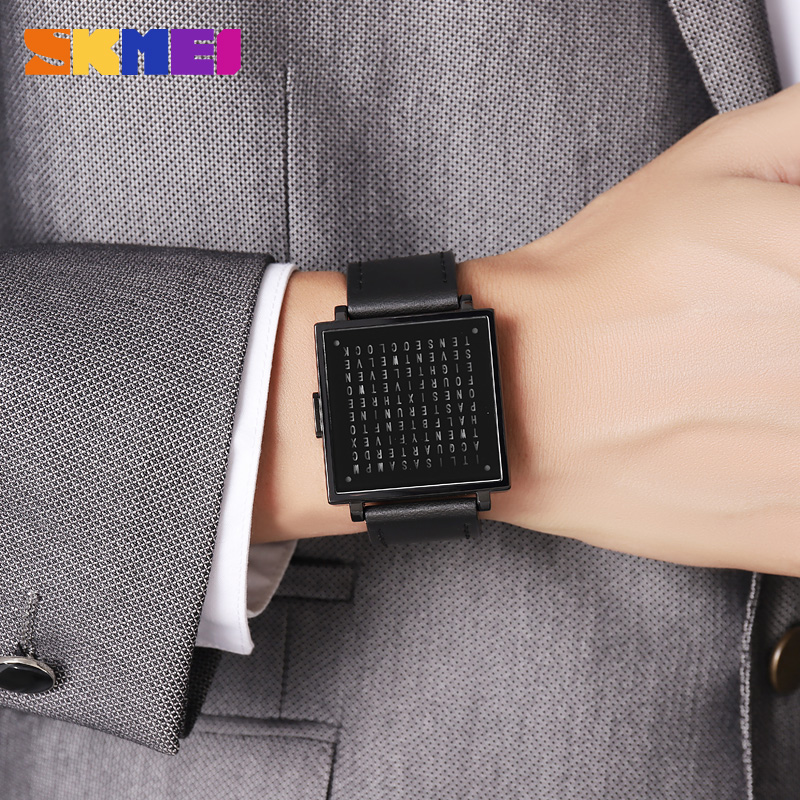 SKMEI 2312 Creative LED Letters Display square Steel Band Watch