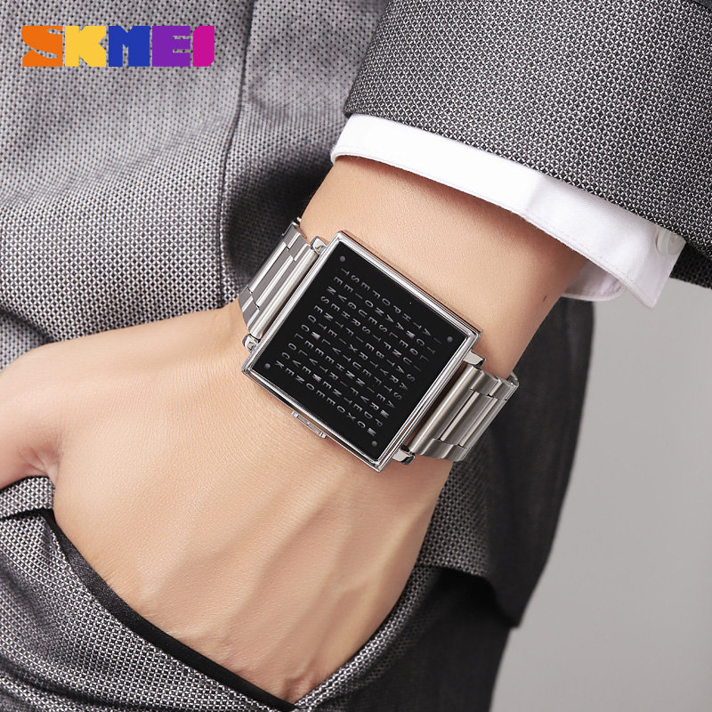 SKMEI 2312 Creative LED Letters Display square Steel Band Watch