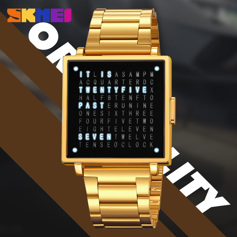SKMEI 2312 Creative LED Letters Display square Steel Band Watch