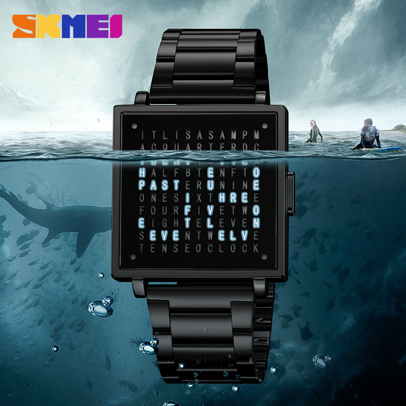 SKMEI 2312 Creative LED Letters Display square Steel Band Watch