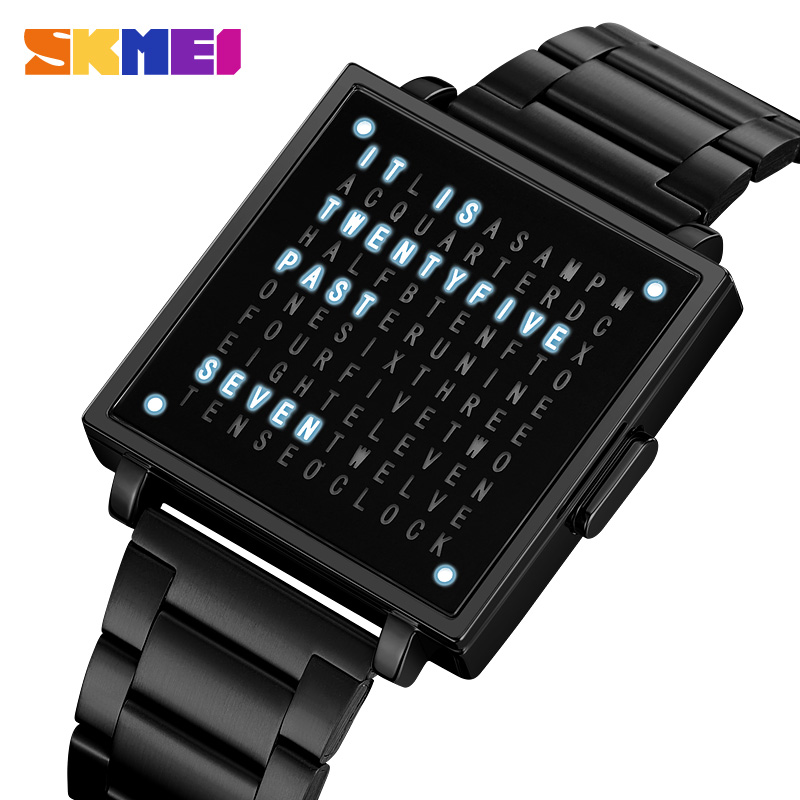 SKMEI 2312 Creative LED Letters Display square Steel Band Watch