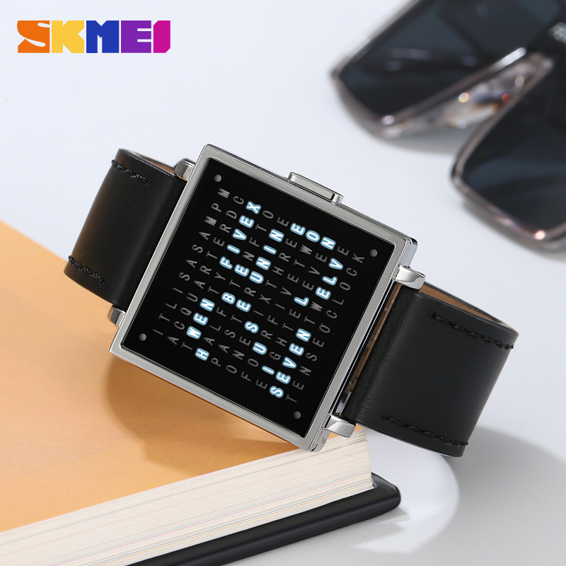 SKMEI 2312 Creative LED Letters Display square Steel Band Watch