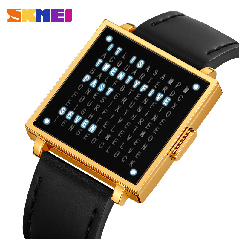 SKMEI 2312 Creative LED Letters Display square Steel Band Watch