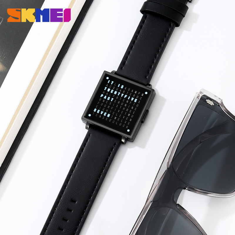 SKMEI 2312 Creative LED Letters Display square Steel Band Watch
