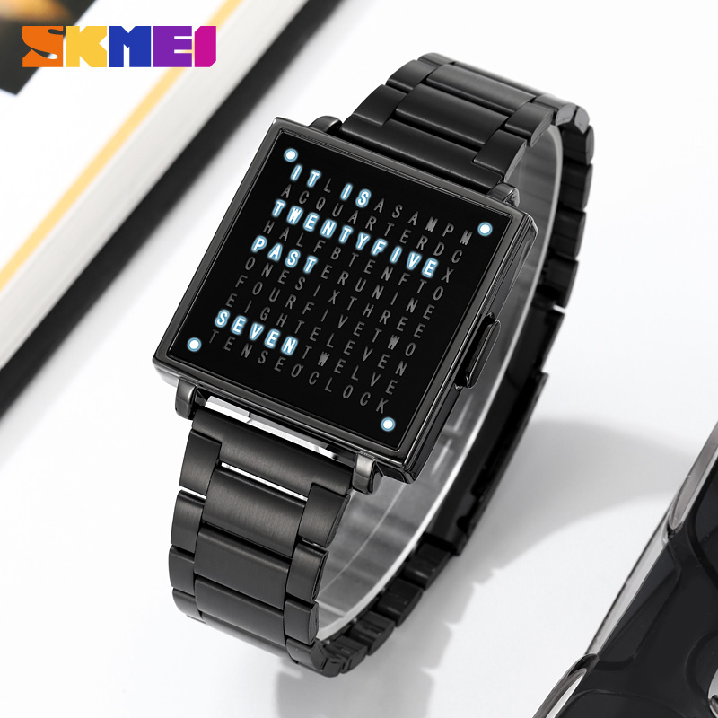 SKMEI 2312 Creative LED Letters Display square Steel Band Watch
