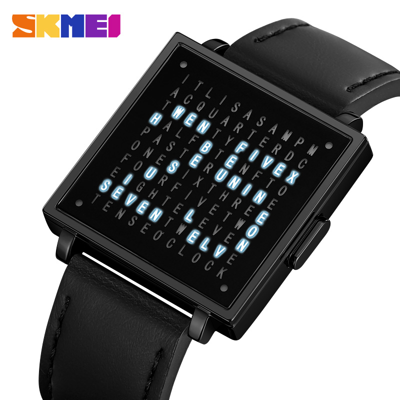 SKMEI 2312 Creative LED Letters Display square Steel Band Watch