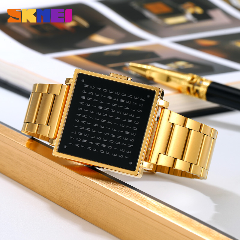 SKMEI 2312 Creative LED Letters Display square Steel Band Watch