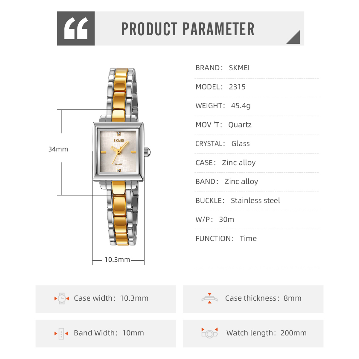 SKMEI 2315 Luxury Square Watch for Woman 