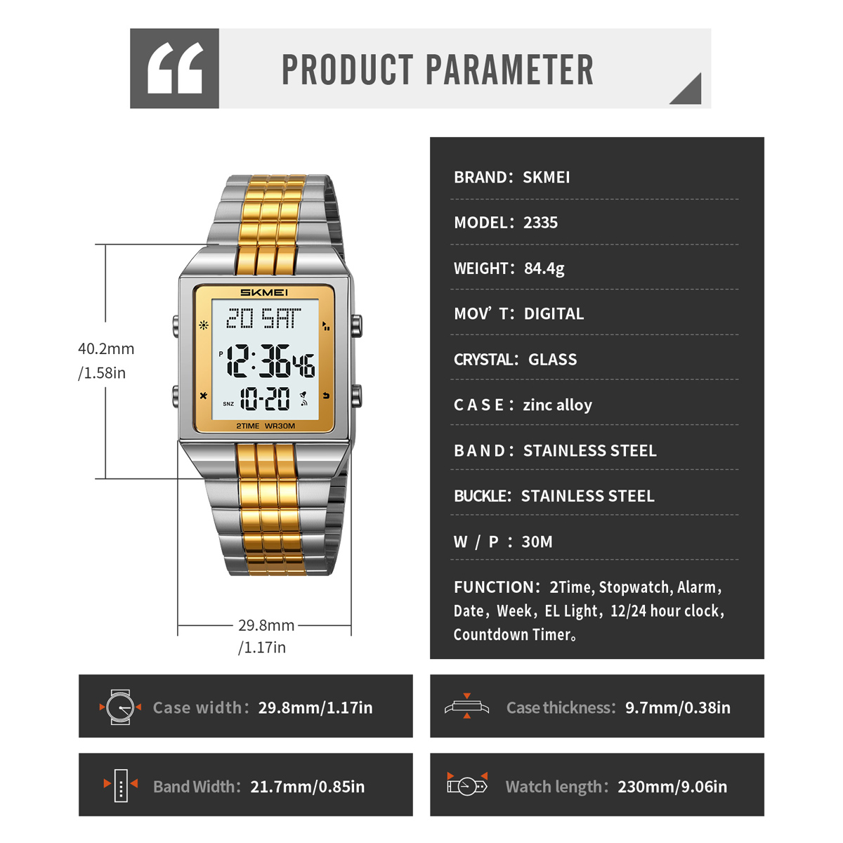 New Arrival Men Digital Watch Skmei 2335 Stainless Steel Strap