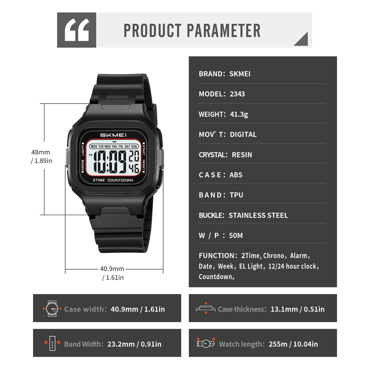 New Arrival Skmei 2343 Black Sport Digital Watch for Men