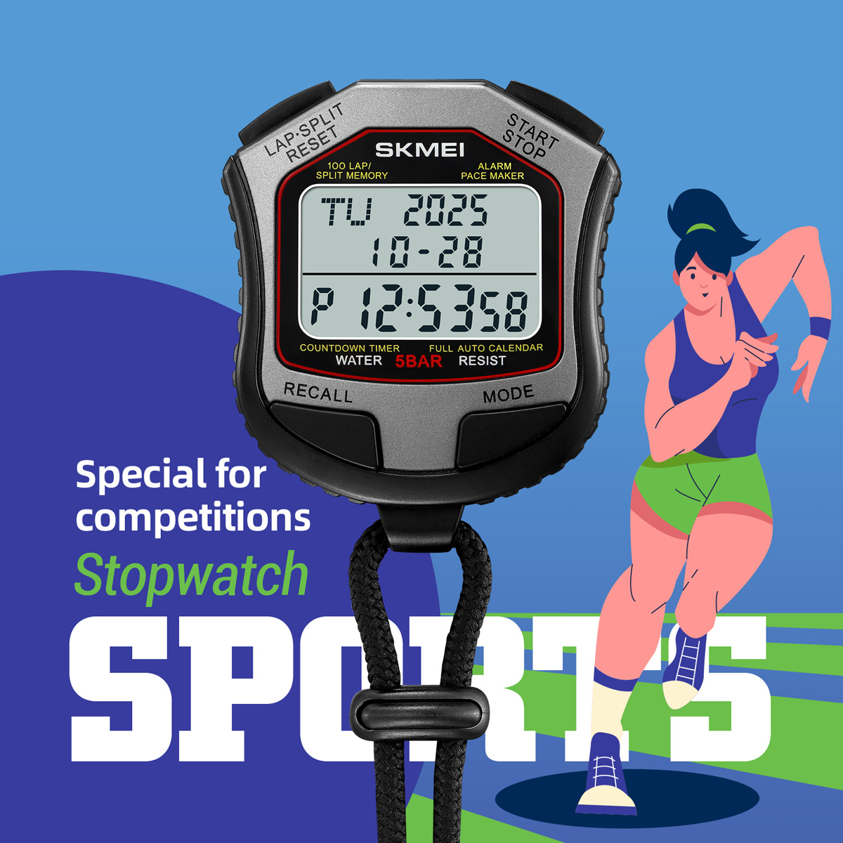 SKMEI 2345 Multifunction Digital Sport Stopwatch Large Display Sports Fitness Coaches Timer