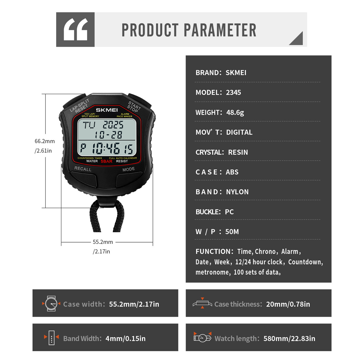 SKMEI 2345 Multifunction Digital Sport Stopwatch Large Display Sports Fitness Coaches Timer