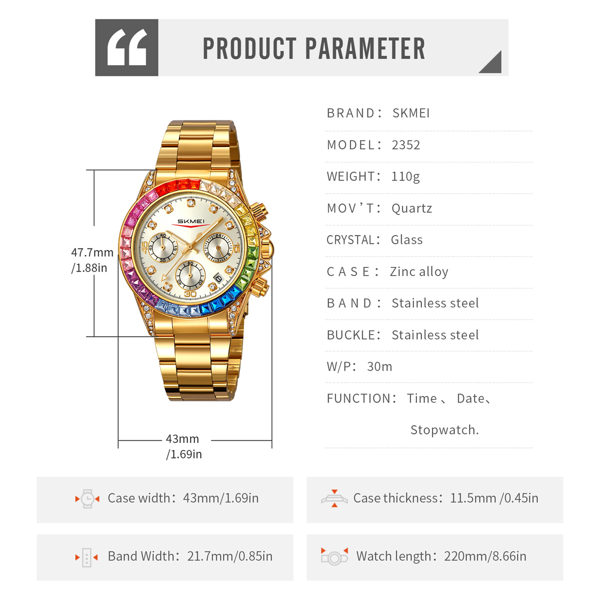 SKMEI 2352 Luxury Gold Custom Logo Mens Watch Wholesale
