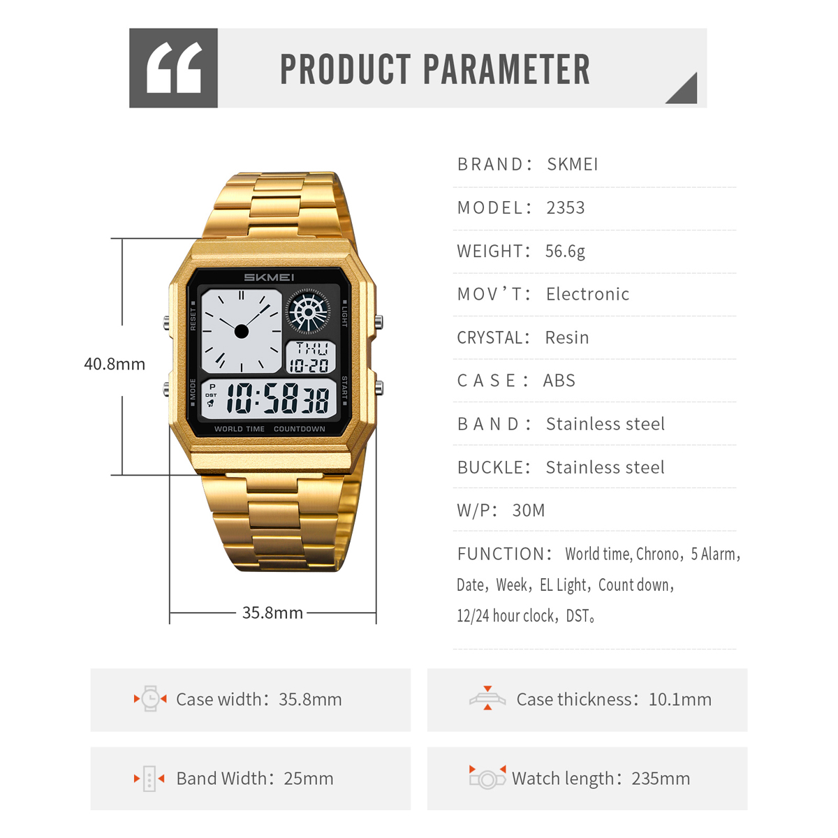 Skmei 2353 DIGITAL WATCH STAINLESS STEEL STRAP